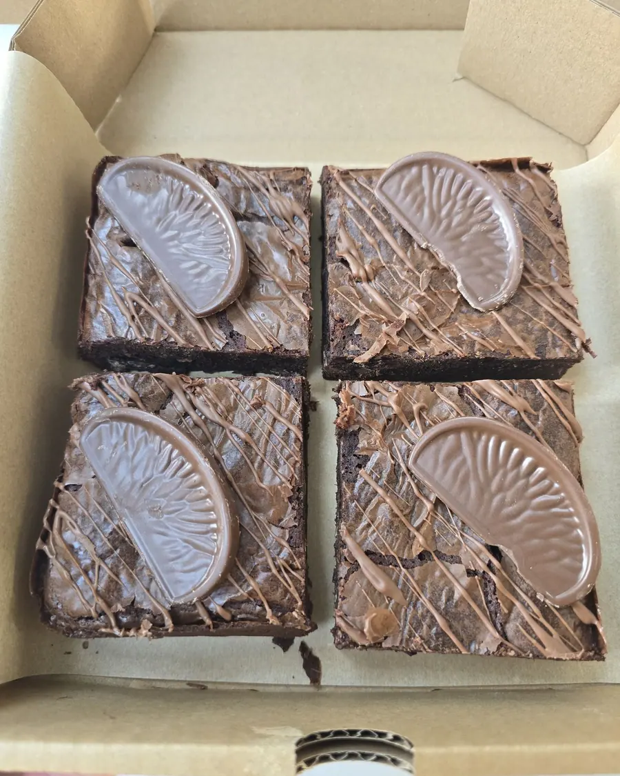 A box of chocolate orange brownies
