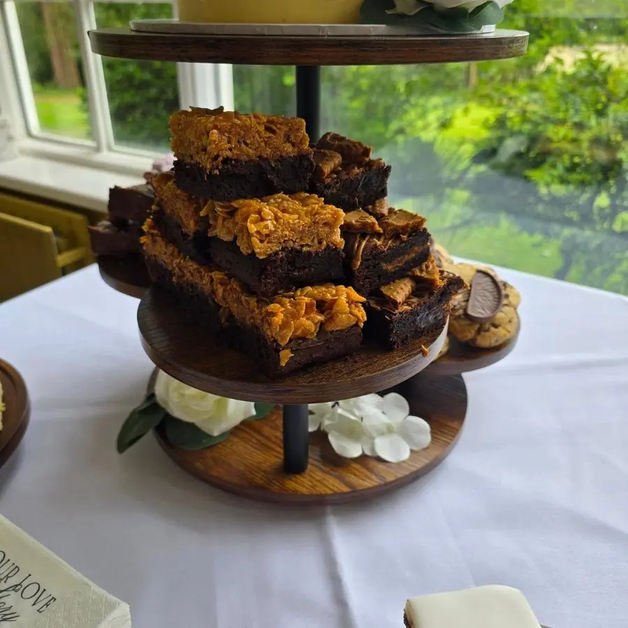 Biscoff brownies and tiffin on a wedding dessert stand